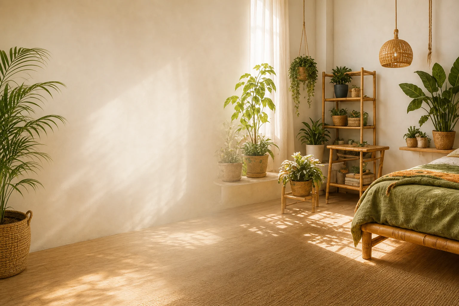 Habitación luminosa con plantas y mobiliario natural para rentar en México